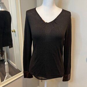 Talbots NWOT Brown Long Sleeve Sequin Trim & Cuff shimmery top, Size Small